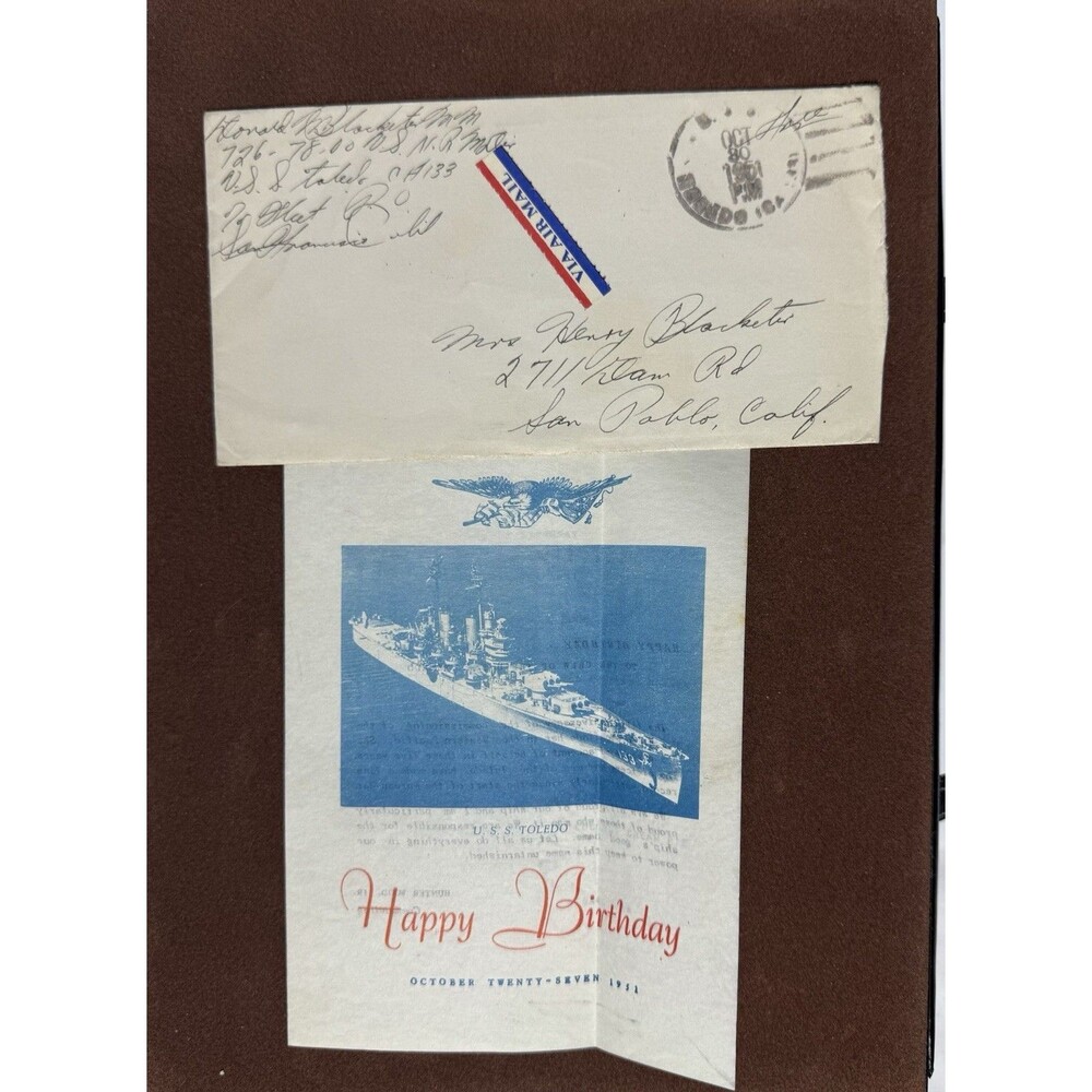 USS Toledo CA-133 Navy Ship Birthday Menu/ Sailor To Family Envelope 1951 Korean